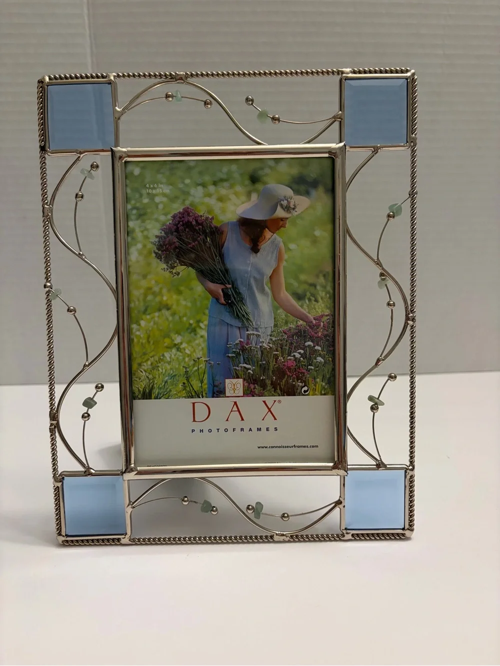 Vintage DAX Silver Wire Scrollwork Picture Frame 4x6 Blue Stained Glass Accents
